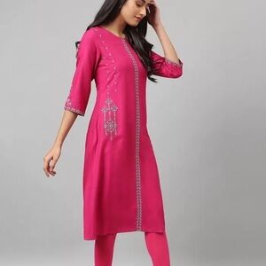 W by Myntra Hot Pink Embroidered Beaded A-Line Kurta Midi Dress M 10